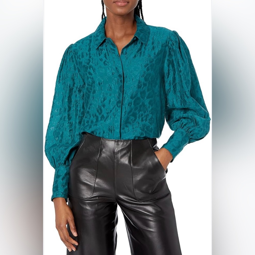 GUESS Teal Leopard Jacquard Blouse, Size XS - Like New